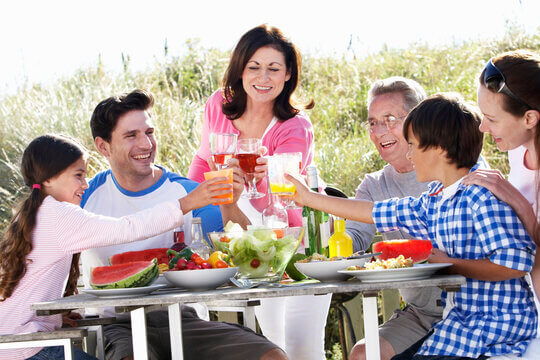 Family enjoying hearing a conversion at a cookout